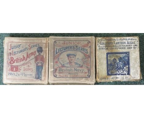 Three boxed Junior Lecturer's Series lantern slides relating to the British Army, the British Navy and Wild Animals and How t