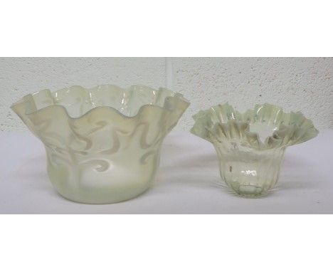 Two Victorian oil lamp shades, to include a opalescent shade, and a yellow shade