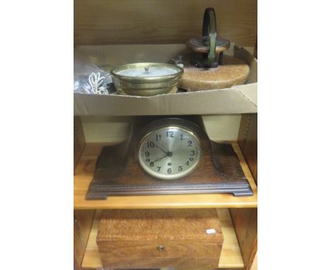 Quantity of general miscellanea to include a mantel clock, an oak box, a barometer etc