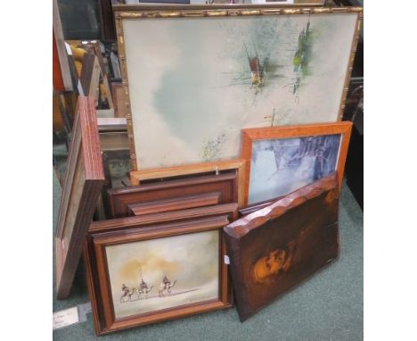 Quantity of pictures, prints, a art deco mirror, framed tapestry etc