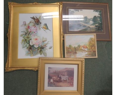 After J. W. Smith - a print of birds amongst a branch, together with three other pictures and prints