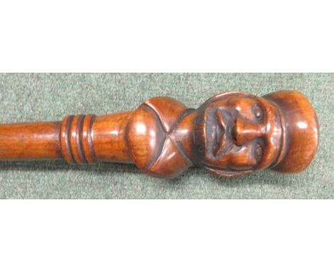 Victorian walking stick with carved finial head of a Gentleman's Head, wearing a hat, 87cm long