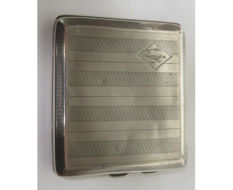 Silver cigarette case with engine turned design and initials to the front, hallmarked for Birmingham, 1922, weight 3ozt
