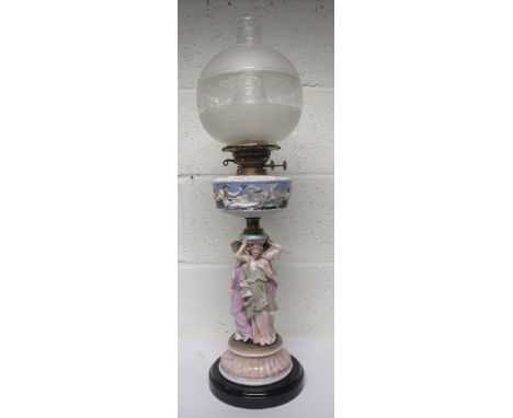 19th century continental oil lamp, with porcelain base with the reservoir with classical figures, supported by three female f