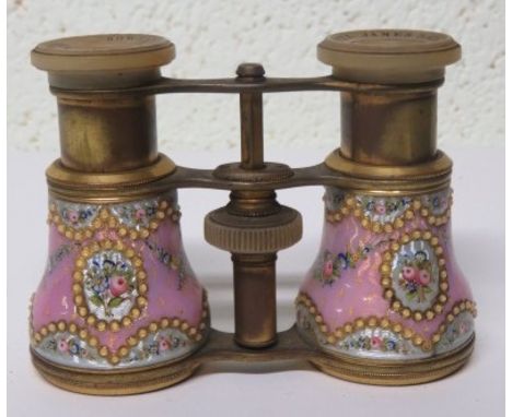 Pair of Gilt Metal Opera Glasses, by Howell James &amp; Co of Paris, having finely floral enamelled barrels and mother of pea