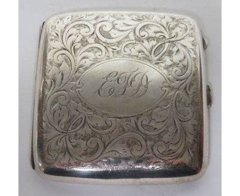 Silver cigarette case, with engraved decoration to the front and the initials E.J.D, hallmarked for Birmingham, 1918, weight 
