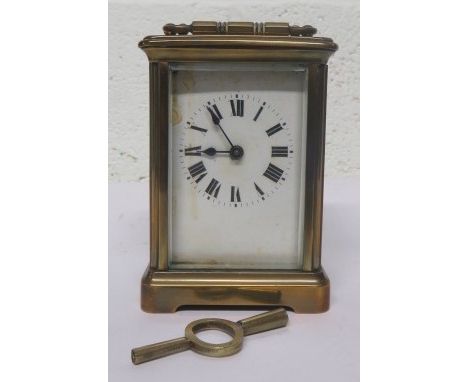 French 20th century brass carriage clock, with Roman Numeral dial, 11cm high