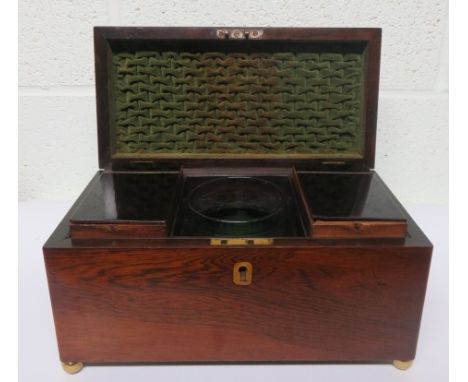 Rosewood tea caddy, with a fitted interior of two lidded divisions and glass bowl in the centre