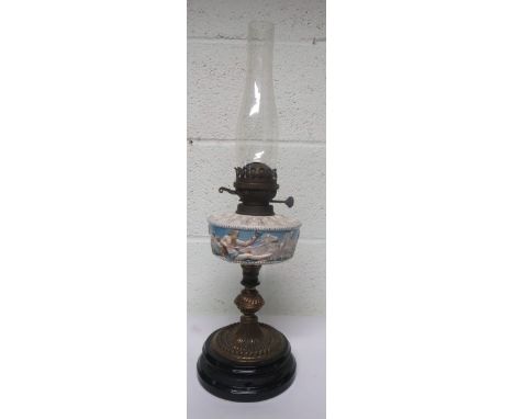 Victorian brass oil lamp, the reservoir with a  ceramic classical scene, with chimney but lacking reservoir 