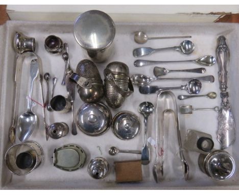 Collection of silver and silver plate to include a napkin ring, a sugar tongs, salt spoons etc, gross weight (of weighable si