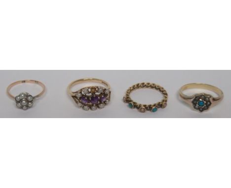 A marked 9.375 gold seed pearl and purple stone dress ring, ring size N, weight 2.8g, together with two unmarked seed pearls 