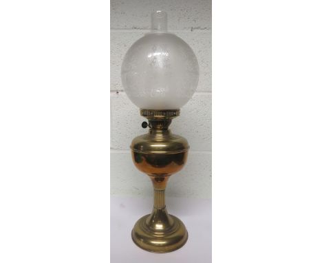 Victorian brass oil lamp, with chimney and frosted glass shade, 59cm high 