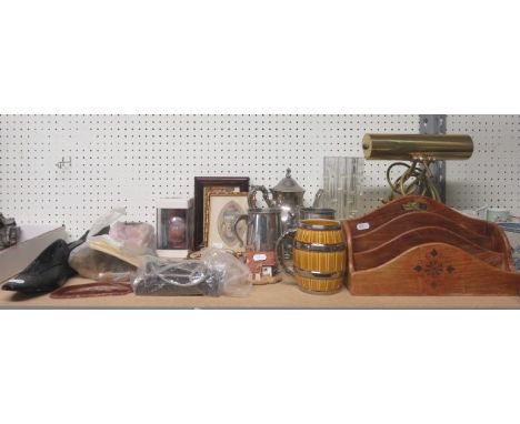 Quantity of general miscellanea to include metalware, a lamp, a letter rack etc