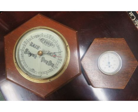 Short and Mason barometer, together with an oak cased thermometer