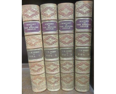 GREEN, J. R - A Short History of the English People - 1893, four volumes, full calf with gilt tooling and raised bands to the