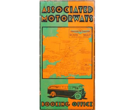 A rectangular single sided pictorial enamel sign for Associated Motorways Coaches Booking Office, text above a map showing En