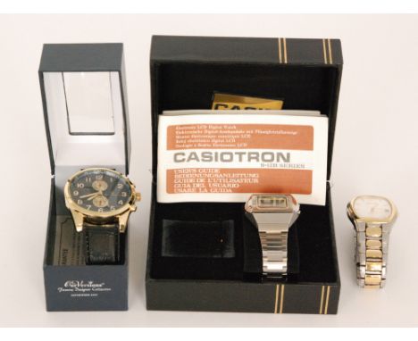 A Japanese Casio Casiotron S-12B-1 series stainless steel computer wrist watch to fitted bracelet strap, fitted box and paper
