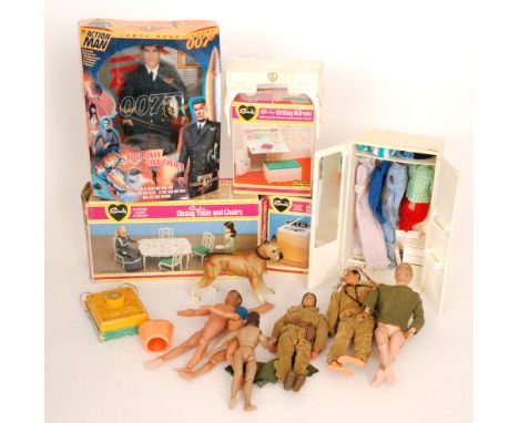 A collection of 1960 and 1970s Action Man figures with various clothes and accessories, a later boxed 007 James Bond Action M