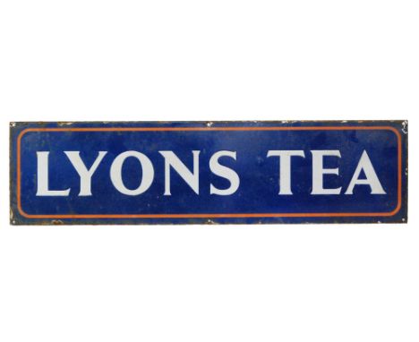 A single sided advertising enamel sign for 'Lyons' Tea', white lettering against a blue ground with an orange border edge, 17