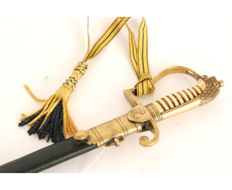 A naval dress sword and leather scabbard, wire ivory grip and D shaped guard, the 79cm blade stamped Gill to edge.