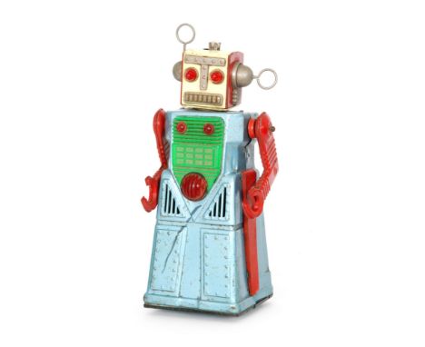 A 1960s Japanese tin plate battery operated robot by KO toys, pale blue body and red and cream coloured face, height 30cm