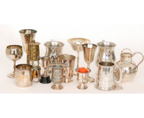 Various plated goblets to include the '1973 Cup Final Referee', also an 'England v Scotland Referee 1978' goblet, Upton Park 