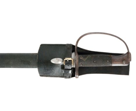 A 19th Century sawback sword and scabbard, 65cm blade, also a 19th Century plain sabre and scabbard indistinctly stamped Rodw