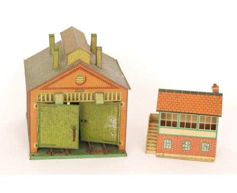 A Hornby No 1A tinplate engine shed and a No 1 signal cabin. (2)
