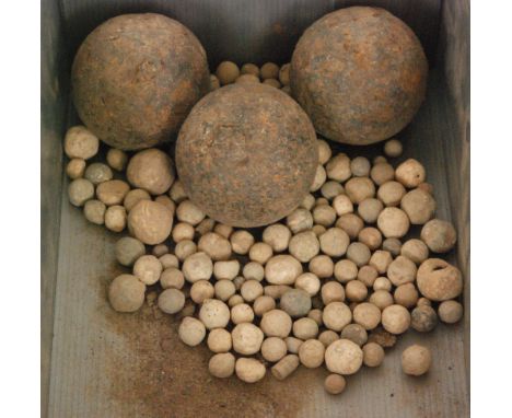 Three iron canon balls, width 6.5cm and a quantity of lead shot reputedly from the Battle of Worcester (qty)