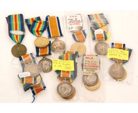 Eight First World War medal pairs, 202082 Pte W.J Witcher Dorset Reg, 5695 Pte F.A Archer 16th London Westminster Rifles, 218