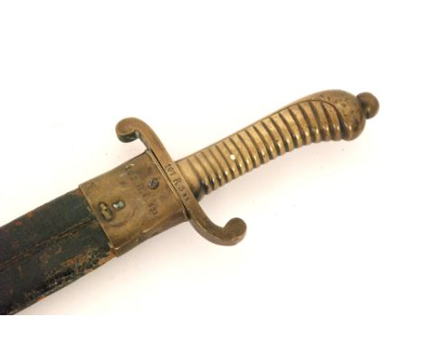 A 19th Century German side arm with brass ribbed hilt and pierced scroll guard and leather scabbard, 48cm blade.