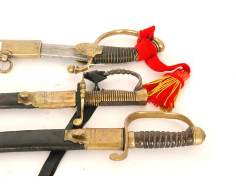 Amendment - A 20th Century naval sabre and scabbard with wire leather grip and D shaped knuckle guard, the curved blade engra