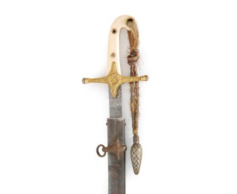 A 19th Century Marmeluke sword and scabbard with engraved monogram and crossed canon and sword, blade by Ranken and Co Calcut