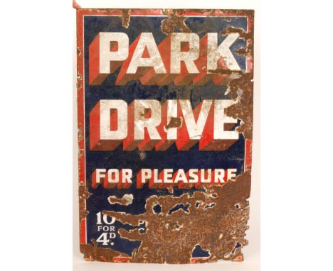 A single sided advertising enamel sign for Park Drive for Pleasure (cigarettes), white lettering with red silhouette to a blu