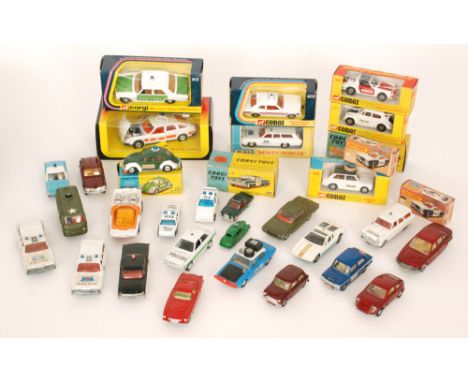 A Corgi Chevrolet state patrol car No.223, a Volkswagen European police car No.492, a B.M.C Mini police van No 448, boxed, to