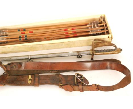 A 20th Century officers dress sword and scabbard with D shaped knuckle guard and ray skin handle, a Sam Brown leather belt  t