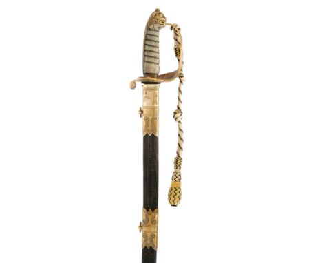 A 19th Century naval officer's sword and brass mounted leather scabbard by E Murch Kings Street Devonport with ray skin hilt,