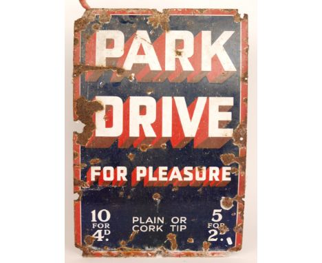 A single sided advertising enamel sign for Park Drive for Pleasure (cigarettes), white lettering with red silhouette to a blu