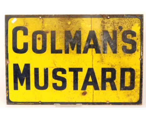 A single sided advertising enamel sign for Colman's Mustard, black letters to a yellow ground, 40.5cm x 61cm.
