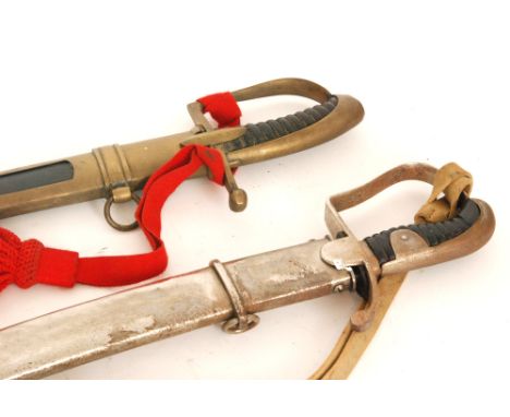Amendment - A 20th Century officers sabre and scabbard with leather and wire grip and D shape knuckle guard, 85cm engraved bl