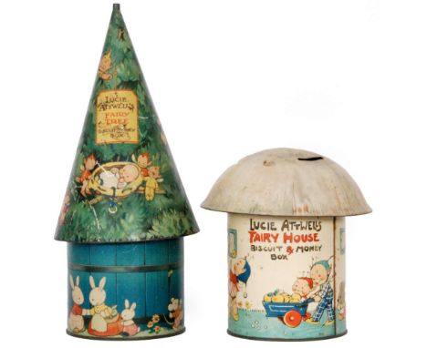 Two 1930s tin plate novelty Crawford & Sons Ltd biscuit tin money boxes both to designs by Mabel Lucie Attwell, the first for