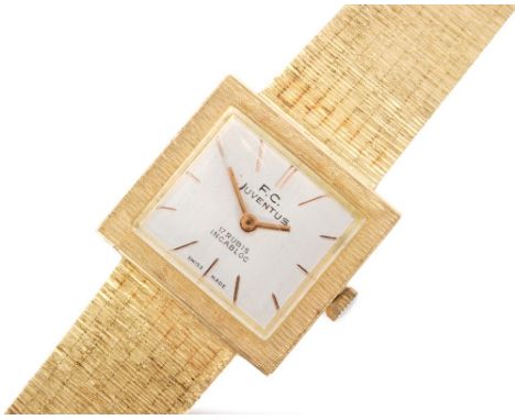 A 1970s 18ct gentleman's manual wind wrist watch presented by FC Juventus, square silvered dial with gilt baton markers marke