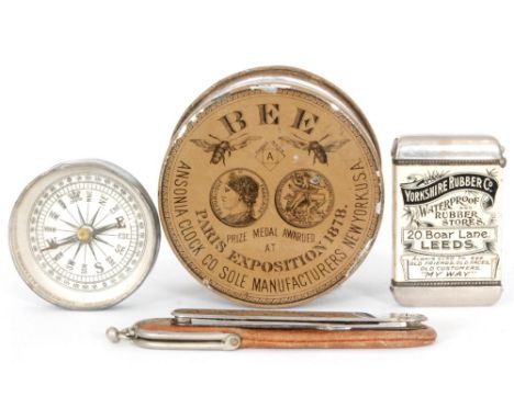 Three pieces of late 19th Century advertising comprising a Yorkshire Rubber Co vesta case 'Waterproof and Rubber Stores 20 Bo