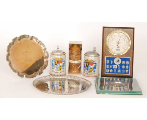 A 1977 plated presentation tray with pierced border inscribed 'European Cup Winners Cup Final K.H Burns linesman', a similar 