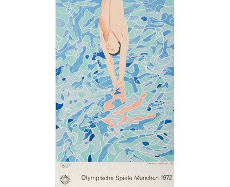 A 1970s Olympic poster for the 1972 German games designed by David Hockney, depicting a diver into a pool and titled 'Olympis