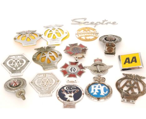Four RAC automobile car badges, six AA car badges, two Order Of The Road enamelled car badges and various other named badges.