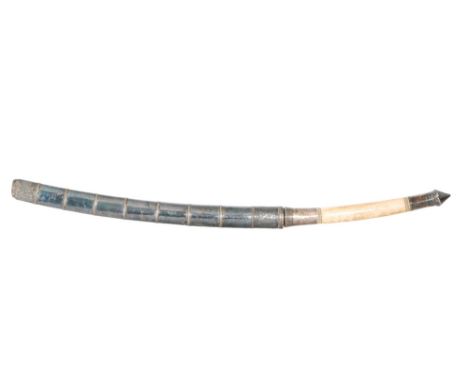 A 19th Century Burmese Dha with ivory handle and silver mounted collars with decorated overlaid scabbard, 58cm blade.