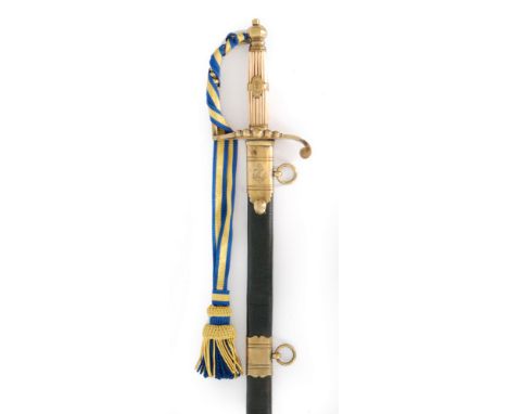 A naval sword and leather scabbard with ribbed ivory hilt and beaded D shaped knuckle guard, the 79cm blade stamped R Teed.