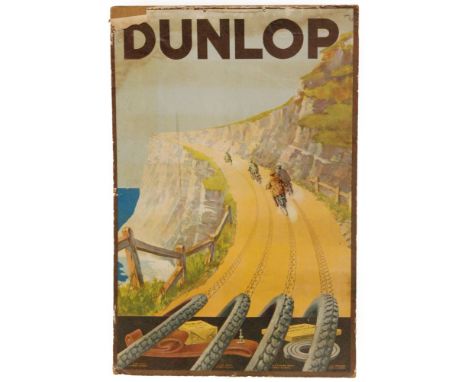 A 1930s pictorial cardboard advertising shop display sign for Dunlop, the main image depicting four motorbike racers racing a
