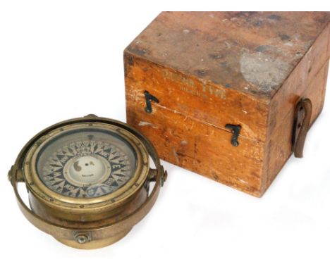 A large brass marine binnacle compass by Heath & Co patrol type 130 in associated pine case, 17cm dial.